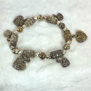 Heavy Silver Tone Heart Charm Bracelet Vintage Estate Jewelry Romantic Love